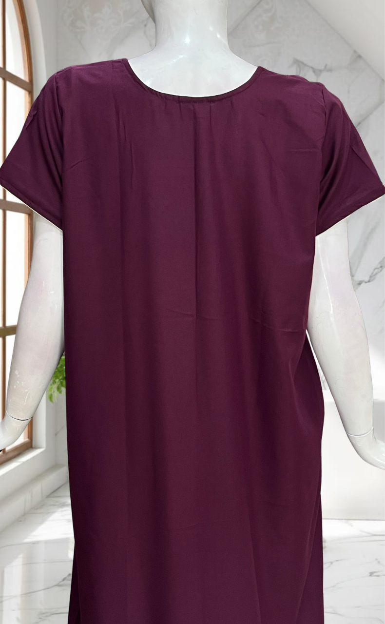 Wine Colour Lucknowi Embroidery Soft Cotton Nighty. Soft Breathable Fabric | Laces and Frills - Laces and Frills