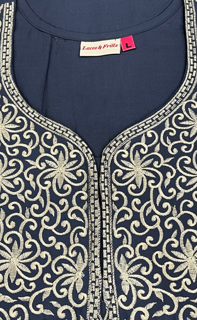 Grey Lucknowi Embroidery Soft Cotton Nighty. Soft Breathable Fabric | Laces and Frills - Laces and Frills