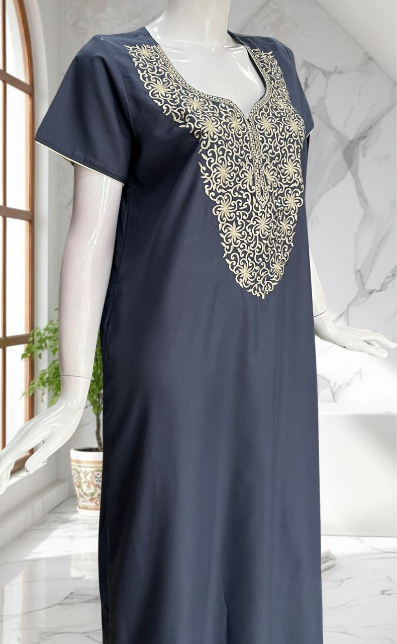 Grey Lucknowi Embroidery Soft Cotton Nighty. Soft Breathable Fabric | Laces and Frills - Laces and Frills