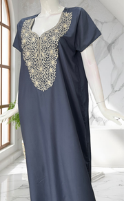 Grey Lucknowi Embroidery Soft Cotton Nighty. Soft Breathable Fabric | Laces and Frills - Laces and Frills