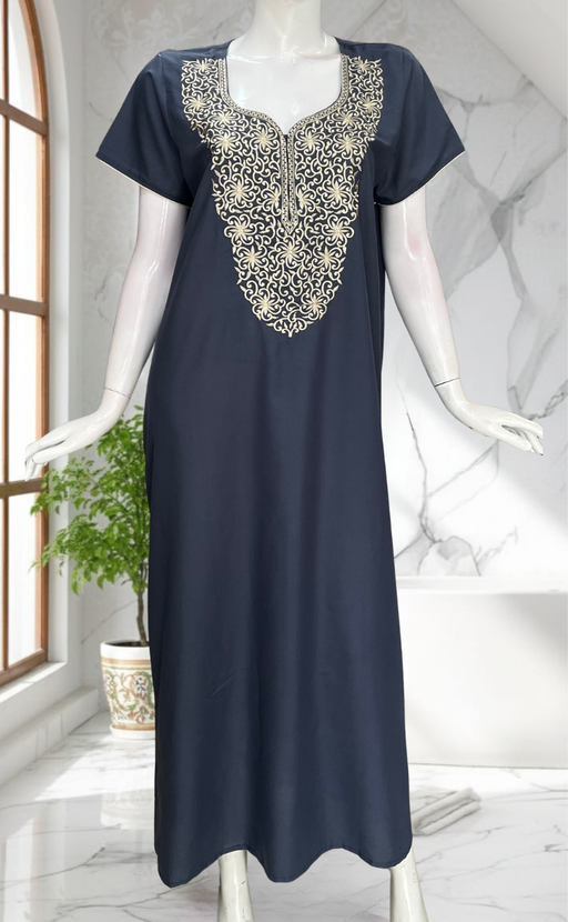 Grey Lucknowi Embroidery Soft Cotton Nighty. Soft Breathable Fabric | Laces and Frills - Laces and Frills