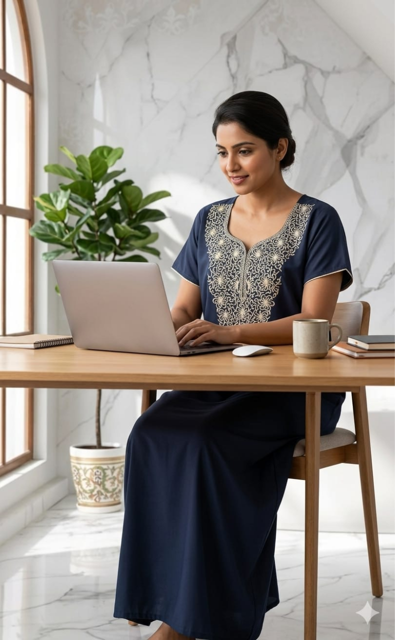 Grey Lucknowi Embroidery Soft Cotton Nighty. Soft Breathable Fabric | Laces and Frills - Laces and Frills