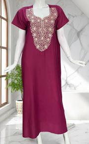 English Pink Lucknowi Embroidery Soft Cotton Nighty. Soft Breathable Fabric | Laces and Frills - Laces and Frills