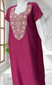 English Pink Lucknowi Embroidery Soft Cotton Nighty. Soft Breathable Fabric | Laces and Frills - Laces and Frills