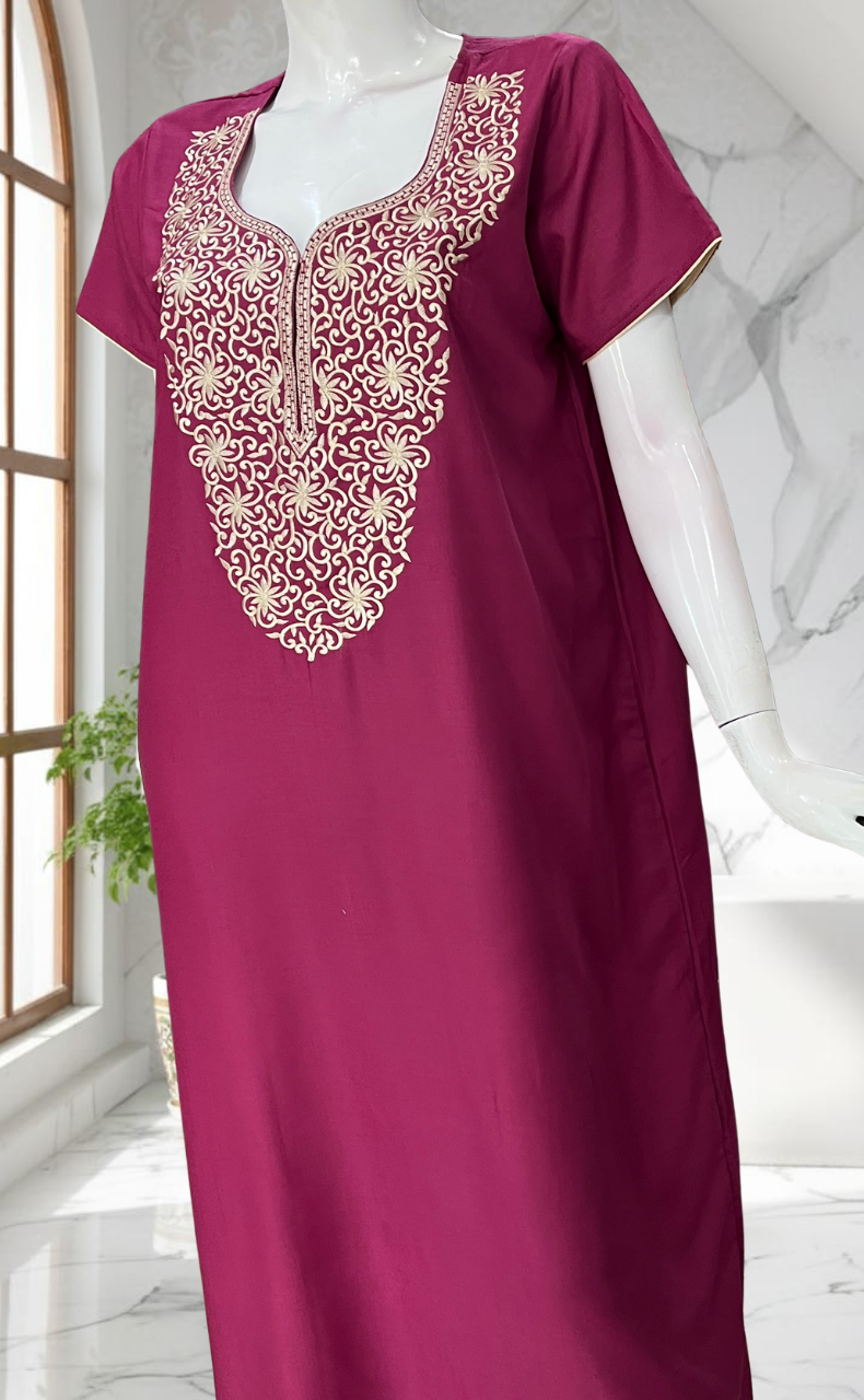 English Pink Lucknowi Embroidery Soft Cotton Nighty. Soft Breathable Fabric | Laces and Frills - Laces and Frills