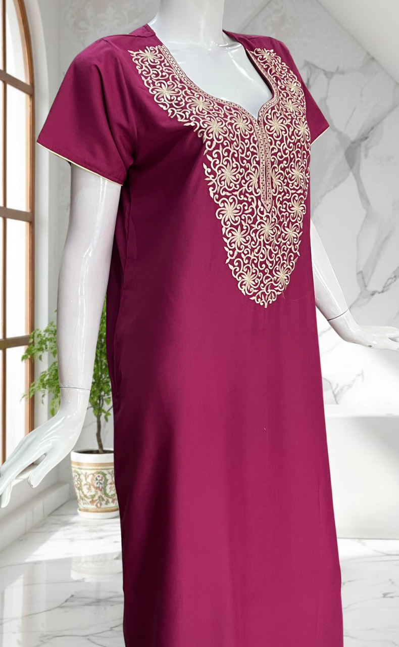 English Pink Lucknowi Embroidery Soft Cotton Nighty. Soft Breathable Fabric | Laces and Frills - Laces and Frills