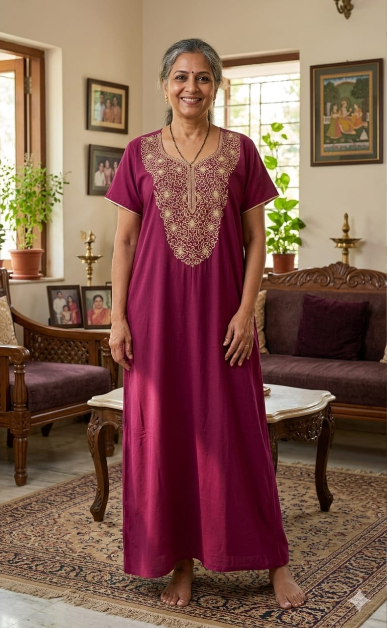 English Pink Lucknowi Embroidery Soft Cotton Nighty. Soft Breathable Fabric | Laces and Frills - Laces and Frills