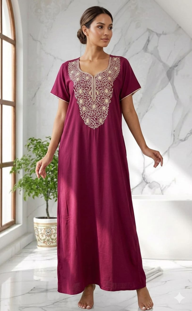 English Pink Lucknowi Embroidery Soft Cotton Nighty. Soft Breathable Fabric | Laces and Frills - Laces and Frills