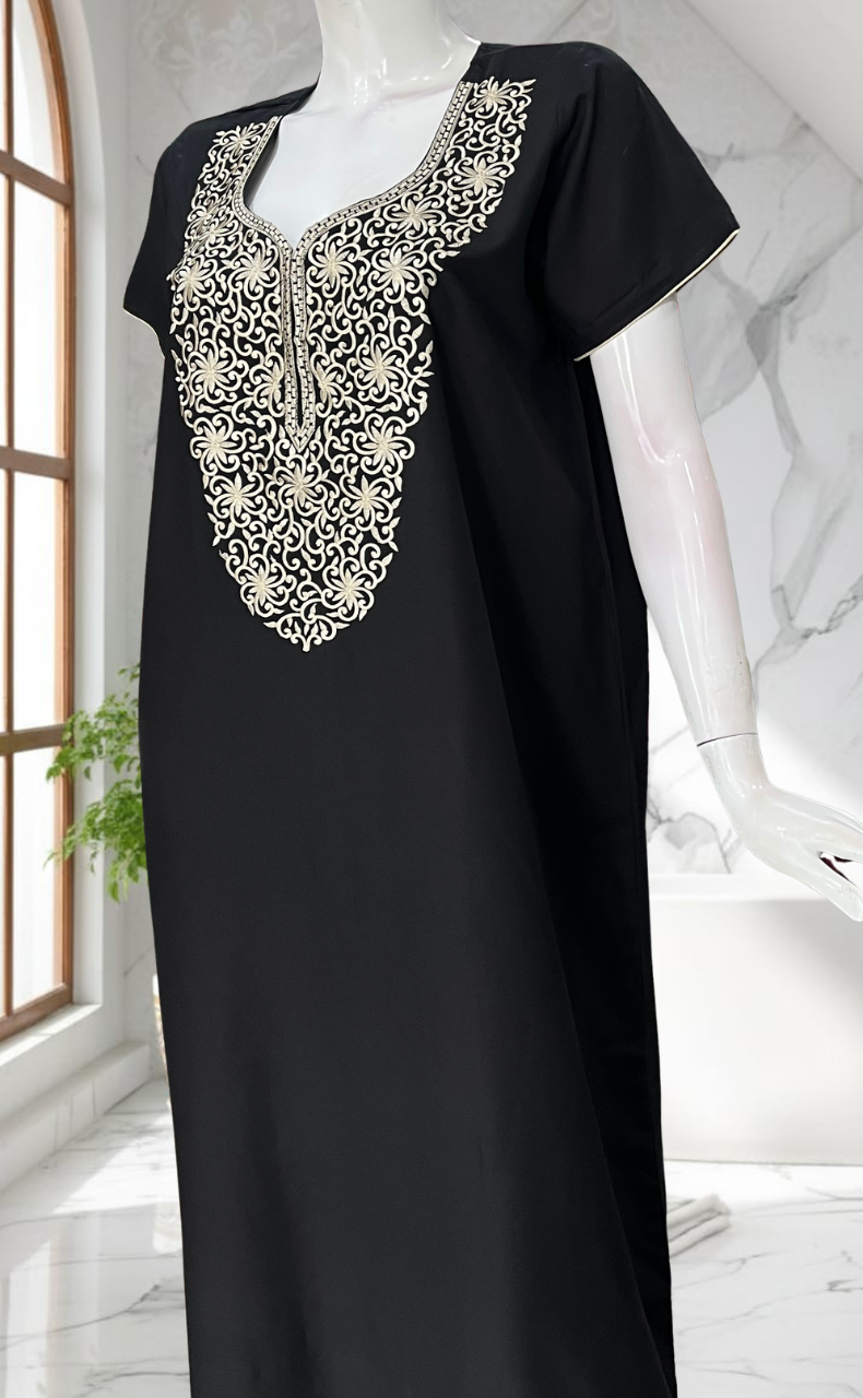 Black Lucknowi Embroidery Soft Cotton Nighty. Soft Breathable Fabric | Laces and Frills - Laces and Frills
