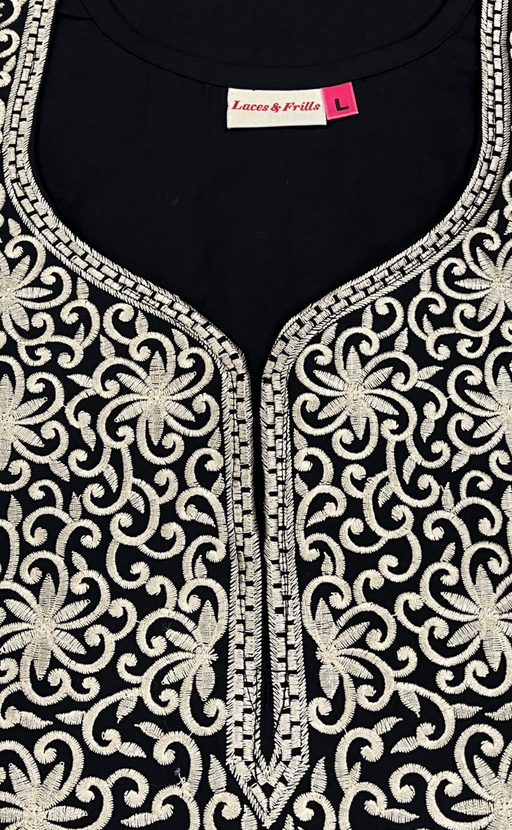 Black Lucknowi Embroidery Soft Cotton Nighty. Soft Breathable Fabric | Laces and Frills - Laces and Frills