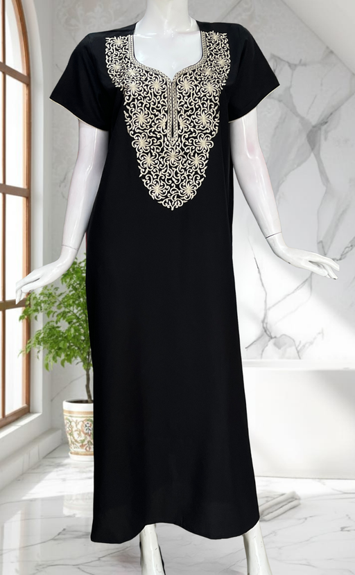 Black Lucknowi Embroidery Soft Cotton Nighty. Soft Breathable Fabric | Laces and Frills - Laces and Frills