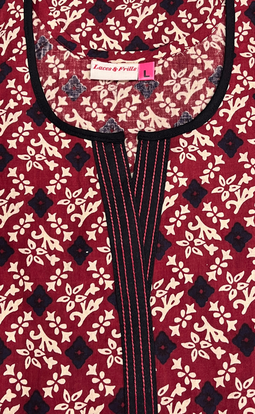 Maroon Flora Sleeveless Pure Cotton Nighty. Pure Durable Cotton | Laces and Frills - Laces and Frills