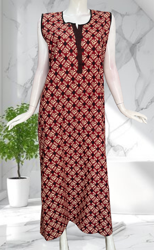 Maroon Flora Sleeveless Pure Cotton Nighty. Pure Durable Cotton | Laces and Frills - Laces and Frills