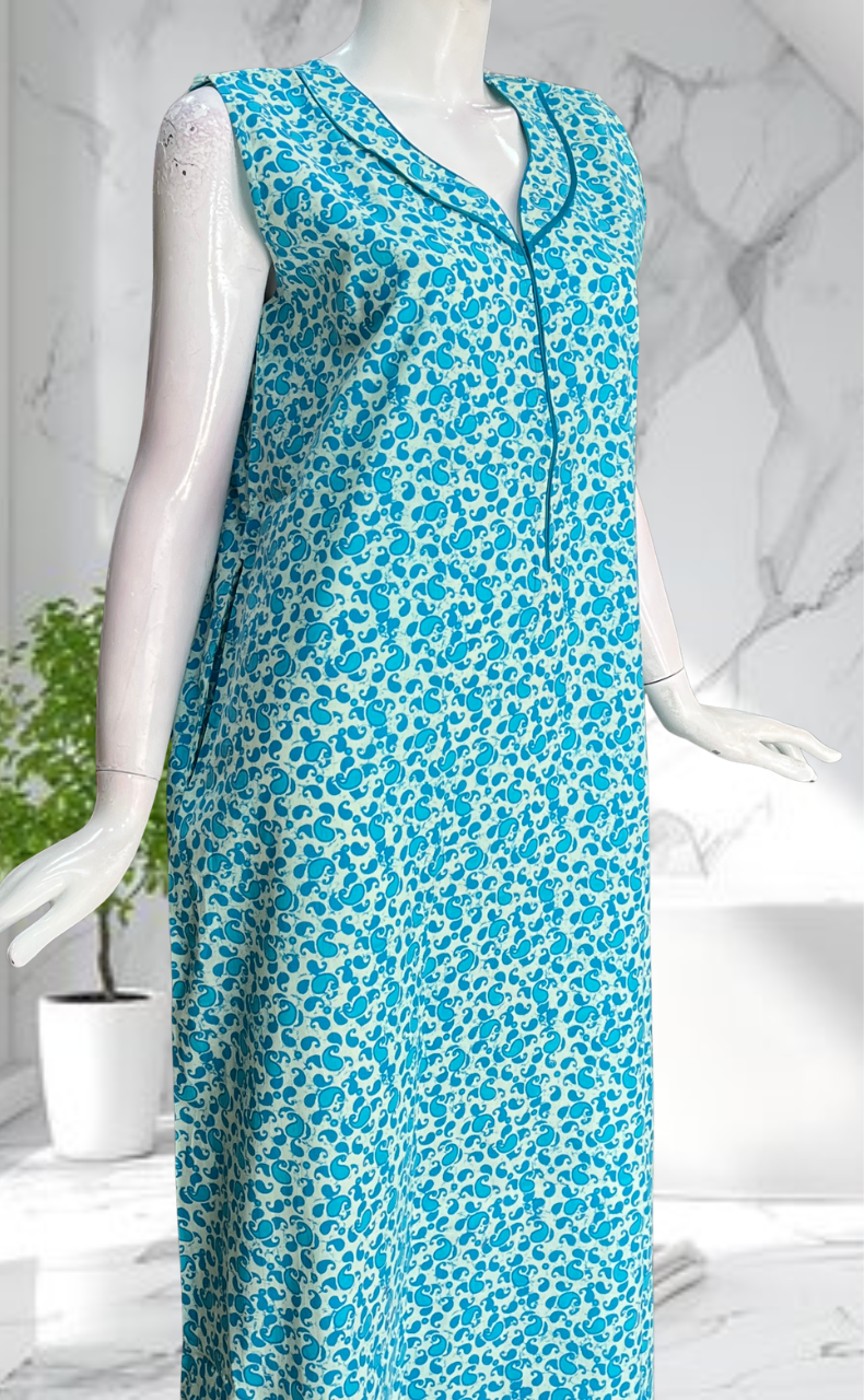 Sky Blue Paisley Print Sleeveless Pure Cotton Nighty. Pure Durable Cotton | Laces and Frills - Laces and Frills
