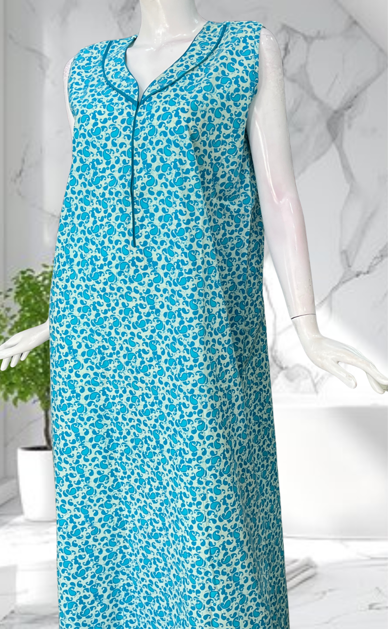 Sky Blue Paisley Print Sleeveless Pure Cotton Nighty. Pure Durable Cotton | Laces and Frills - Laces and Frills