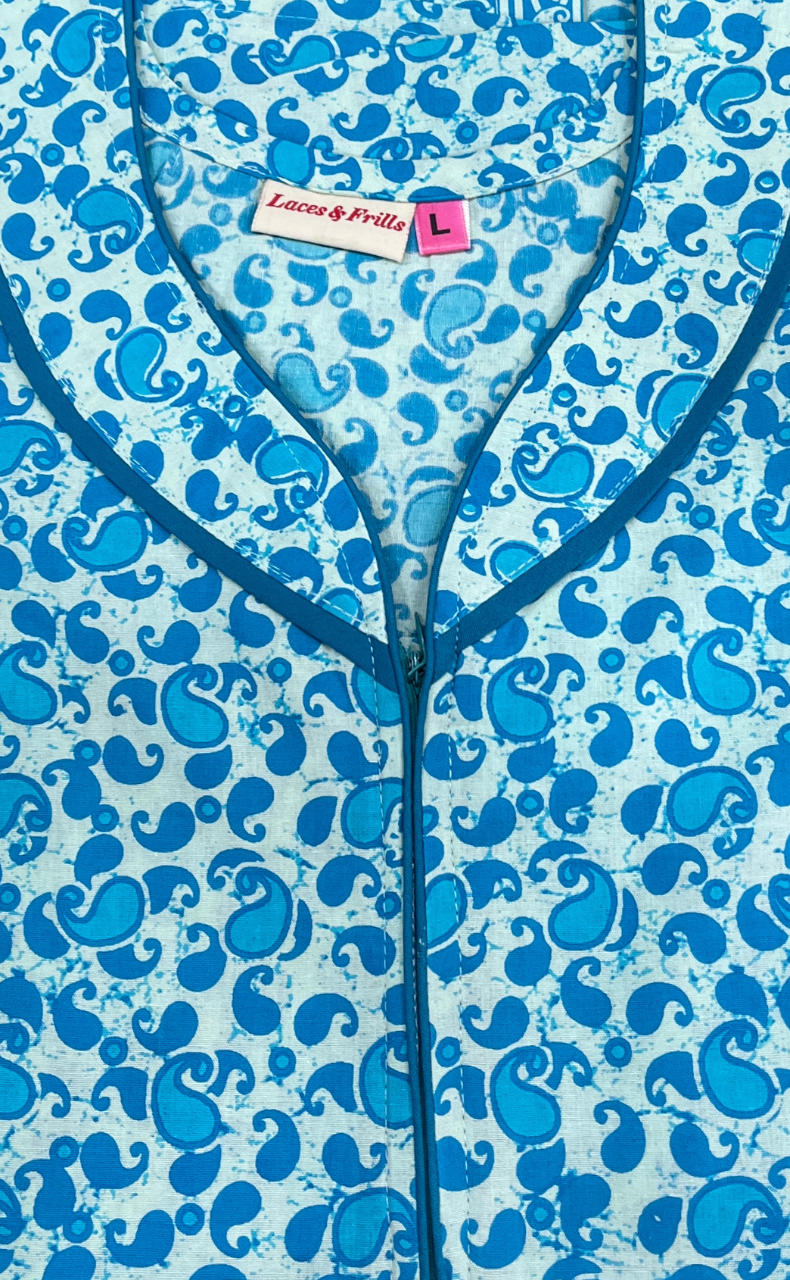 Sky Blue Paisley Print Sleeveless Pure Cotton Nighty. Pure Durable Cotton | Laces and Frills - Laces and Frills