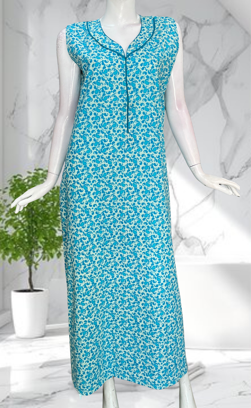 Sky Blue Paisley Print Sleeveless Pure Cotton Nighty. Pure Durable Cotton | Laces and Frills - Laces and Frills