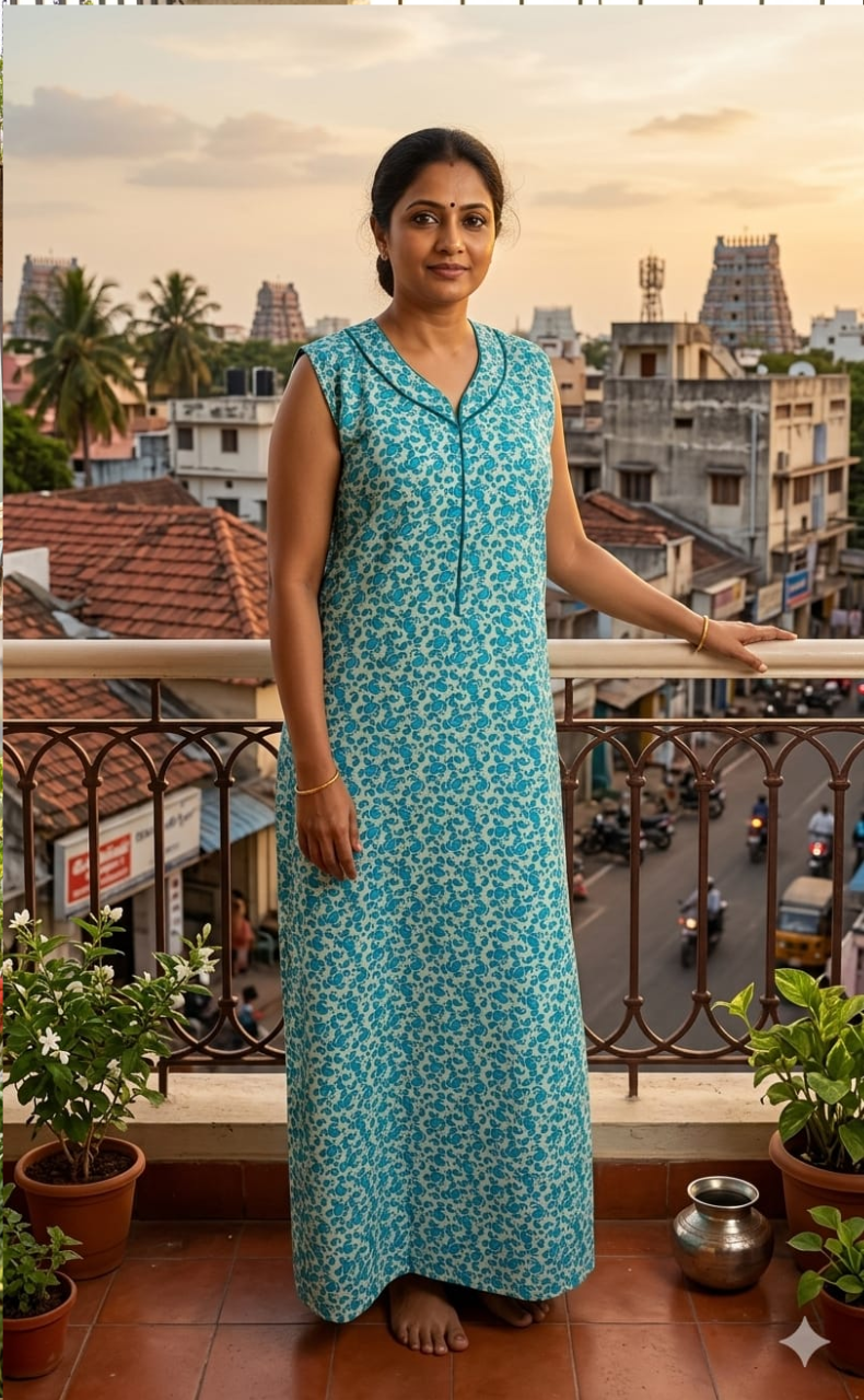 Sky Blue Paisley Print Sleeveless Pure Cotton Nighty. Pure Durable Cotton | Laces and Frills - Laces and Frills