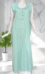 Green Tiny Flora Sleeveless Pure Cotton Nighty. Pure Durable Cotton | Laces and Frills - Laces and Frills