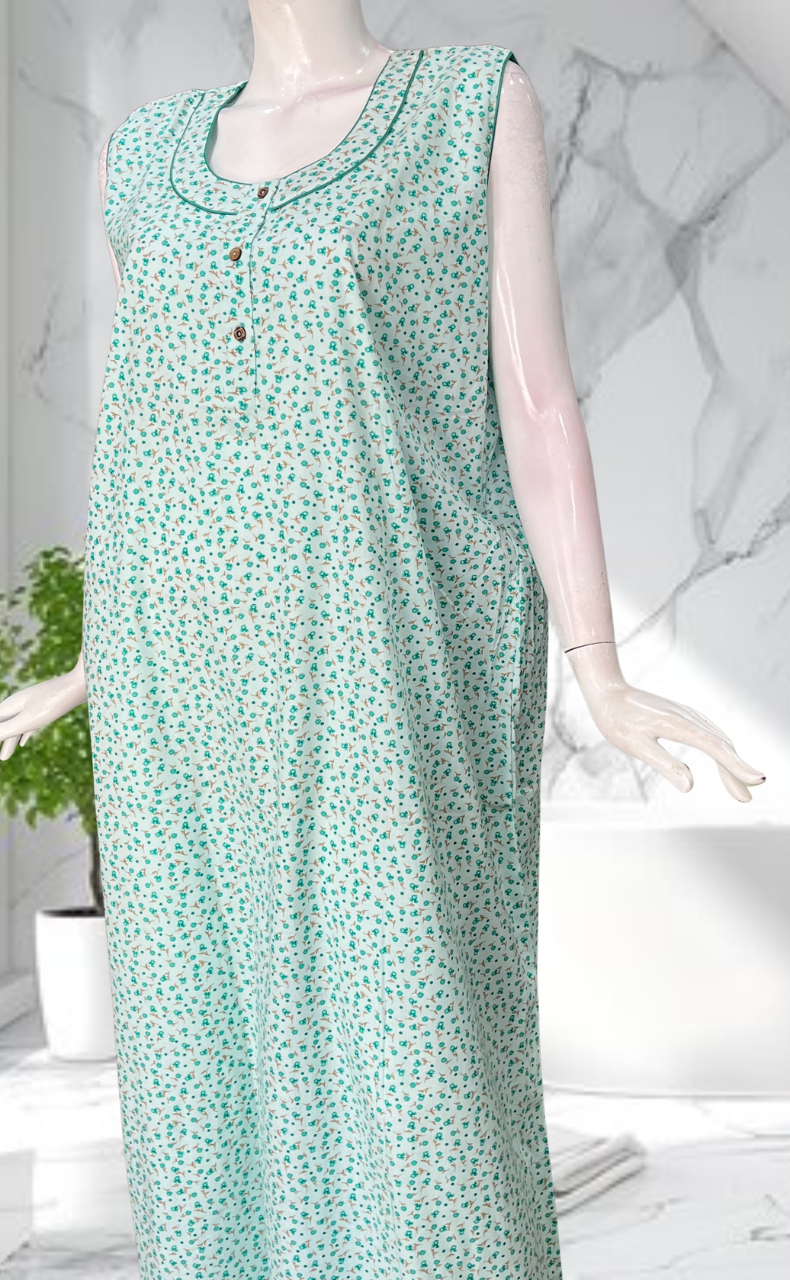Green Tiny Flora Sleeveless Pure Cotton Nighty. Pure Durable Cotton | Laces and Frills - Laces and Frills