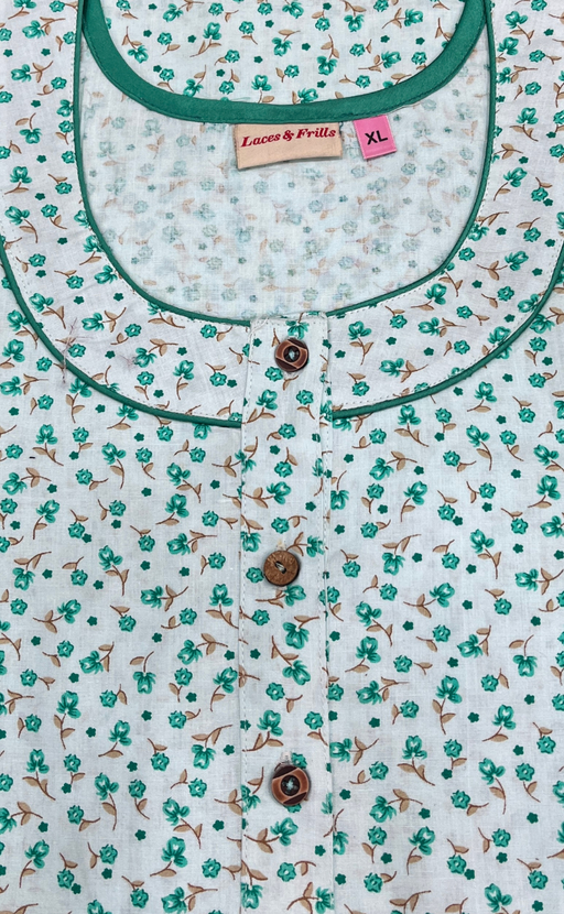Green Tiny Flora Sleeveless Pure Cotton Nighty. Pure Durable Cotton | Laces and Frills - Laces and Frills