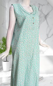 Green Tiny Flora Sleeveless Pure Cotton Nighty. Pure Durable Cotton | Laces and Frills - Laces and Frills