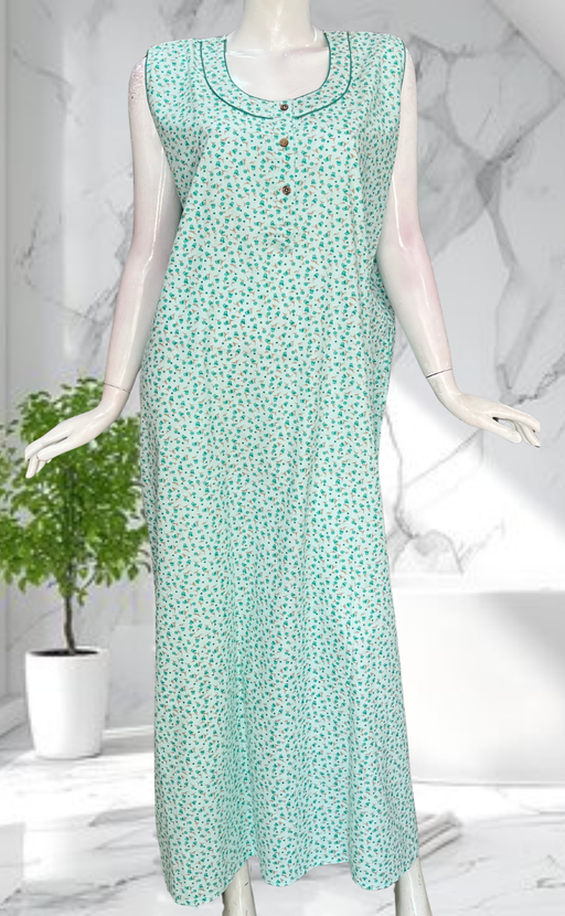 Green Tiny Flora Sleeveless Pure Cotton Nighty. Pure Durable Cotton | Laces and Frills - Laces and Frills
