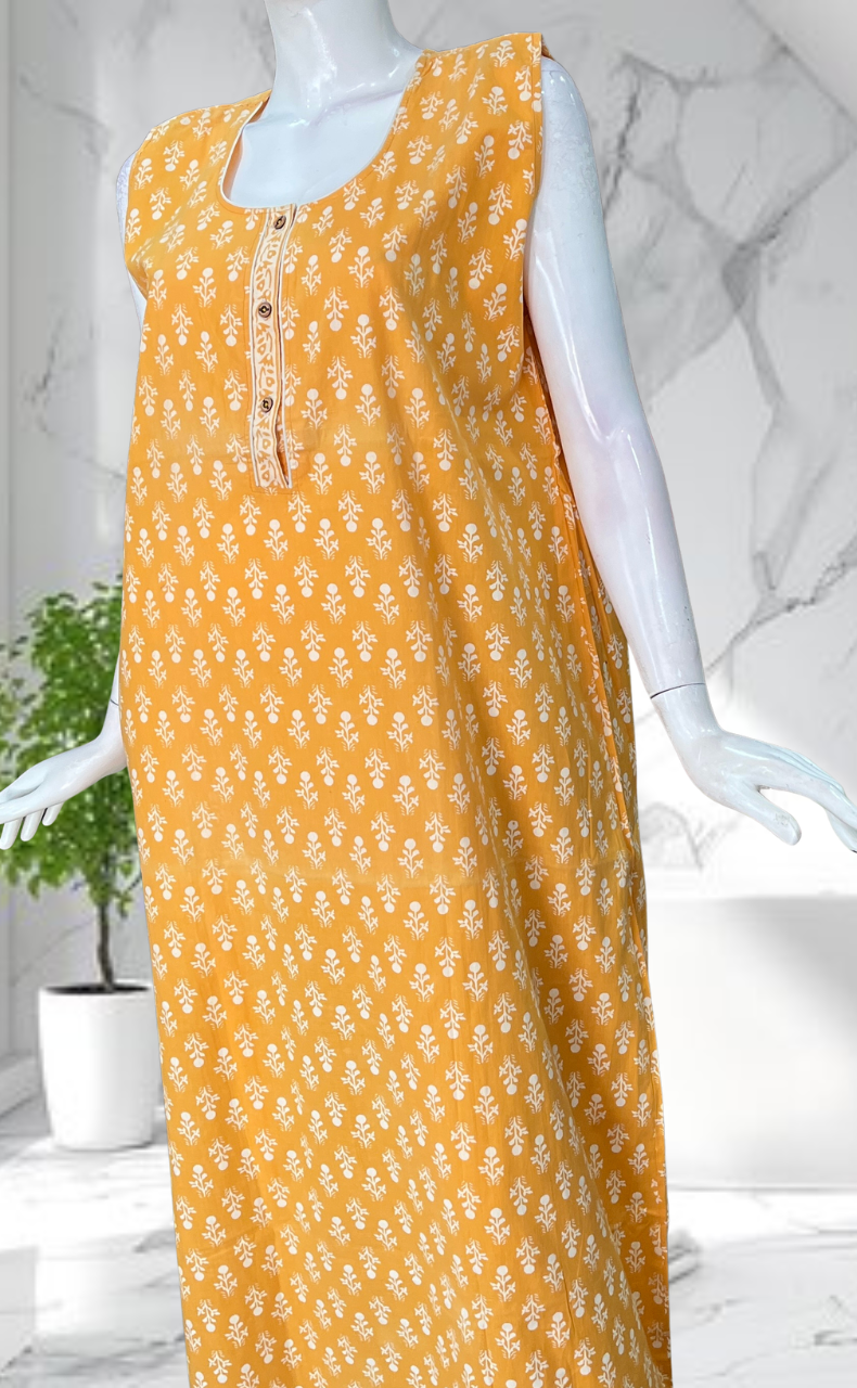 Yellow Flora Sleeveless Pure Cotton Nighty. Pure Durable Cotton | Laces and Frills - Laces and Frills