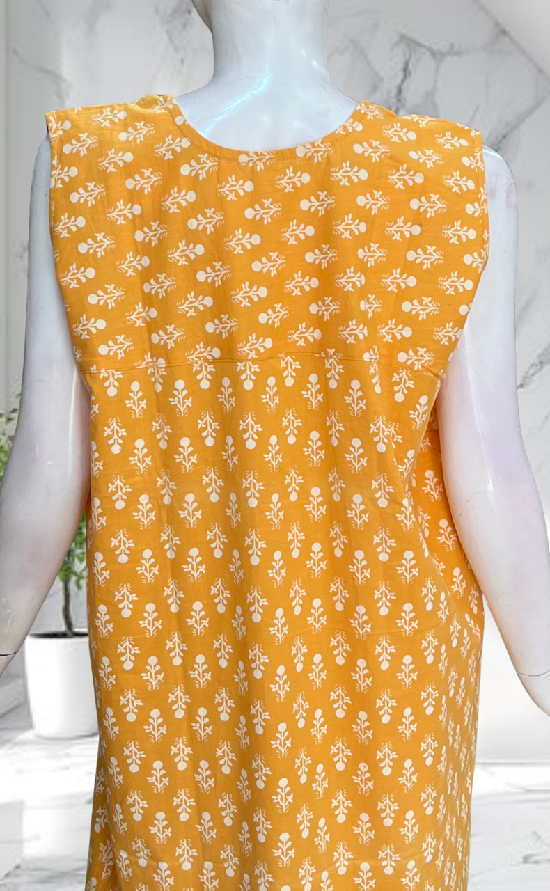 Yellow Flora Sleeveless Pure Cotton Nighty. Pure Durable Cotton | Laces and Frills - Laces and Frills