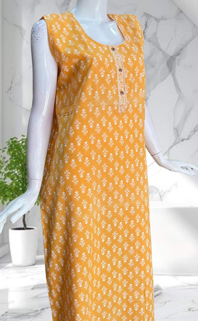Yellow Flora Sleeveless Pure Cotton Nighty. Pure Durable Cotton | Laces and Frills - Laces and Frills