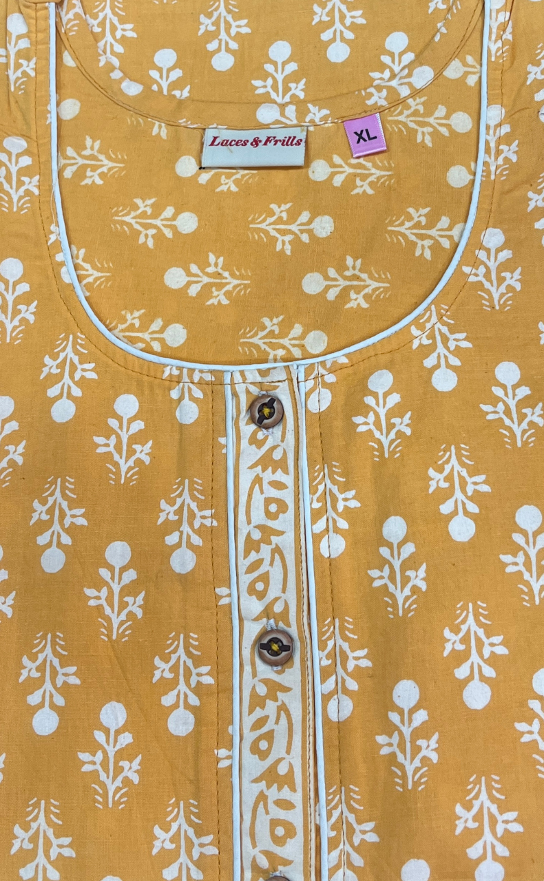 Yellow Flora Sleeveless Pure Cotton Nighty. Pure Durable Cotton | Laces and Frills - Laces and Frills