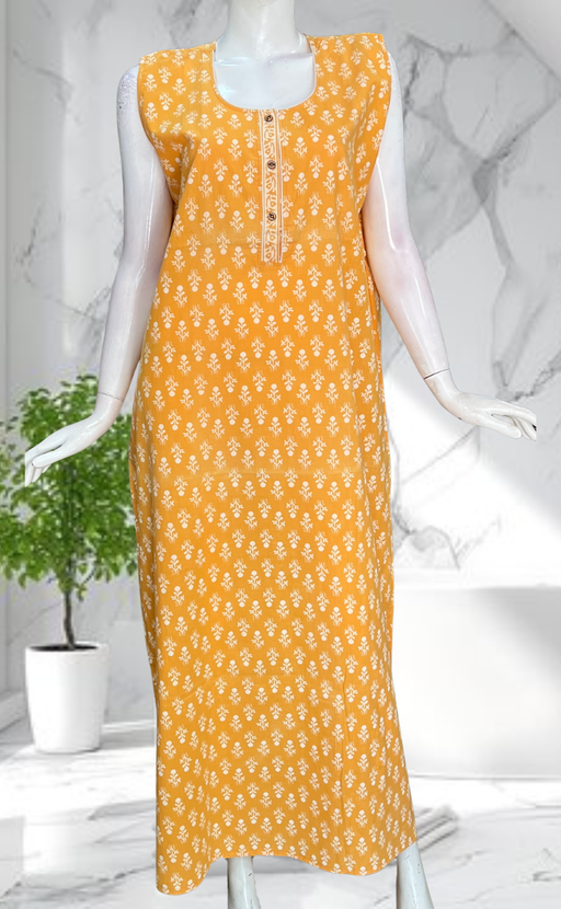 Yellow Flora Sleeveless Pure Cotton Nighty. Pure Durable Cotton | Laces and Frills - Laces and Frills