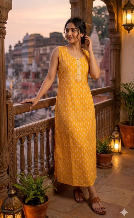 Yellow Flora Sleeveless Pure Cotton Nighty. Pure Durable Cotton | Laces and Frills - Laces and Frills