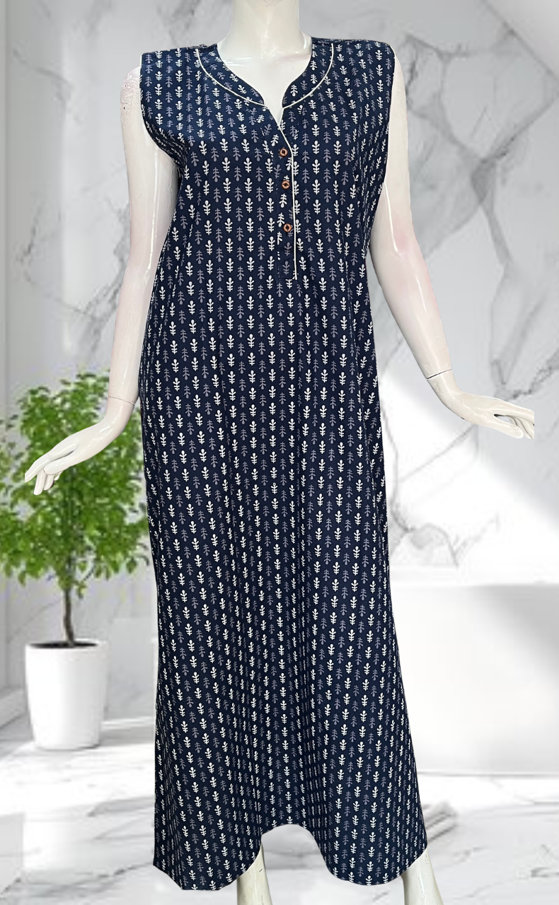 Blue Tiny Leafy Sleeveless Pure Cotton Nighty. Pure Durable Cotton | Laces and Frills - Laces and Frills