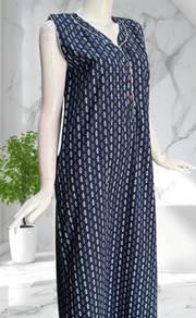 Blue Tiny Leafy Sleeveless Pure Cotton Nighty. Pure Durable Cotton | Laces and Frills - Laces and Frills