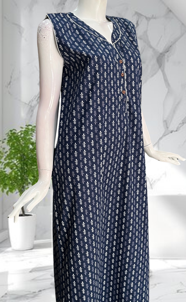 Blue Tiny Leafy Sleeveless Pure Cotton Nighty. Pure Durable Cotton | Laces and Frills - Laces and Frills