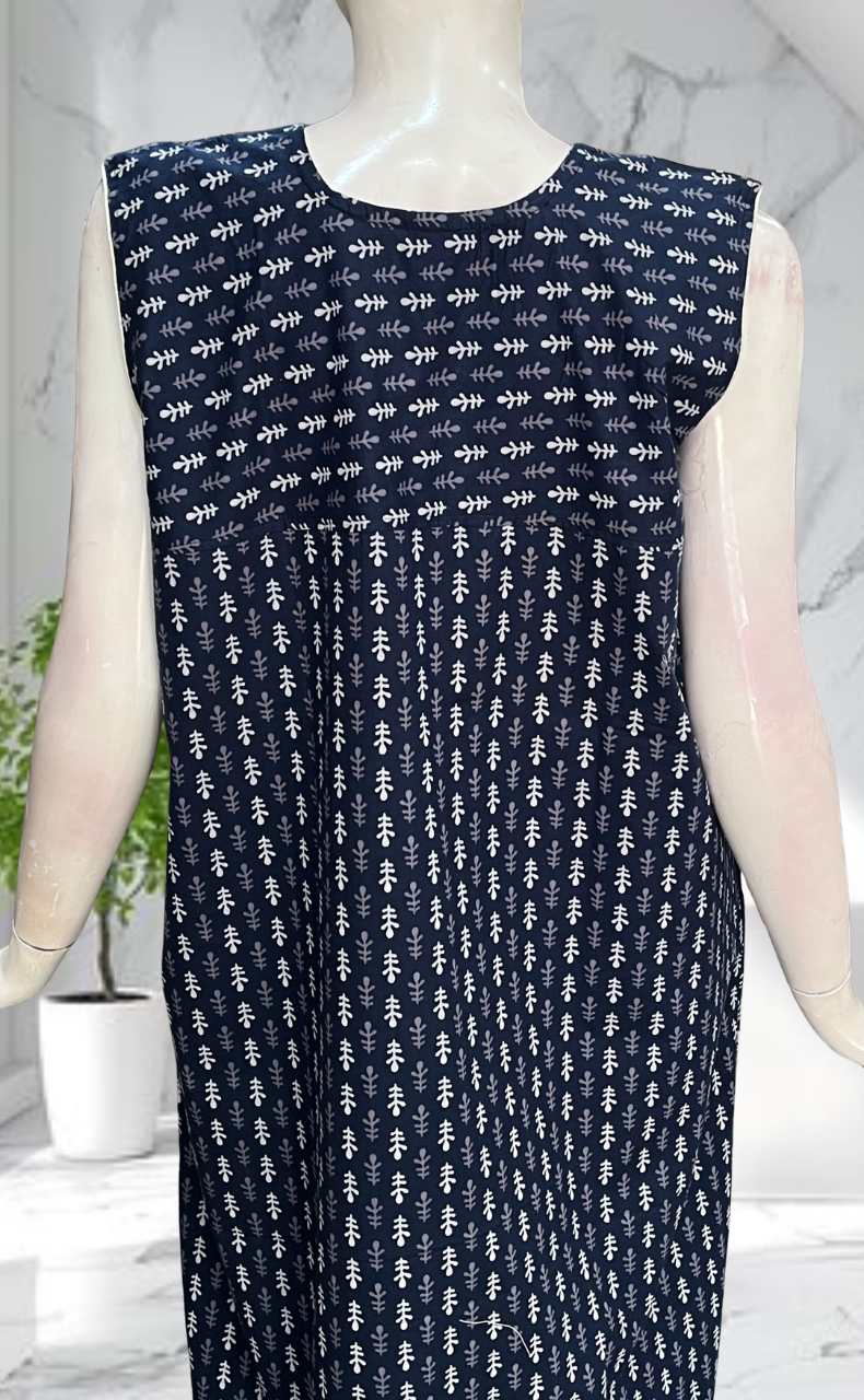 Blue Tiny Leafy Sleeveless Pure Cotton Nighty. Pure Durable Cotton | Laces and Frills - Laces and Frills