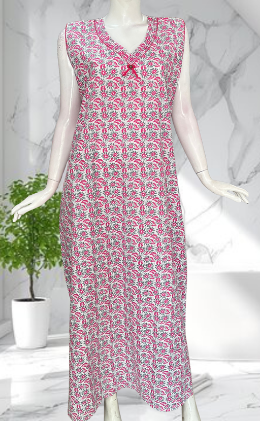 Pink Garden Sleeveless Pure Cotton Nighty. Pure Durable Cotton | Laces and Frills - Laces and Frills