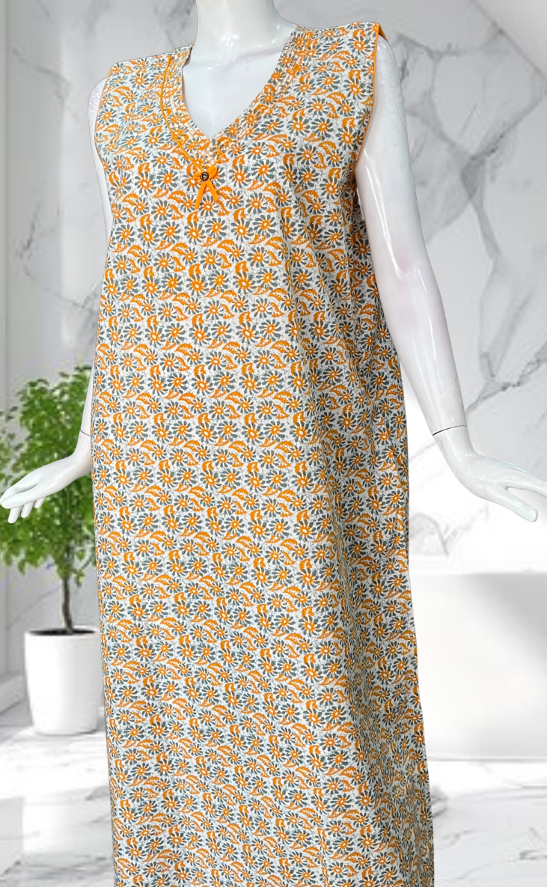 Yellow Garden Sleeveless Pure Cotton Nighty. Pure Durable Cotton | Laces and Frills - Laces and Frills