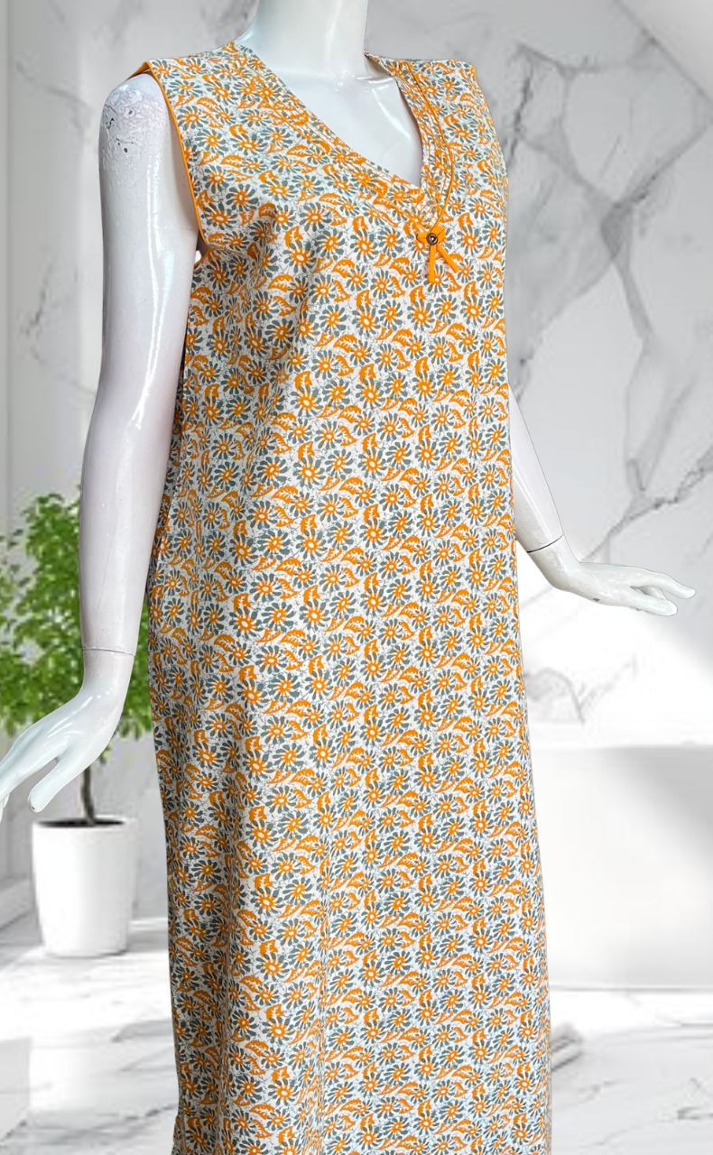 Yellow Garden Sleeveless Pure Cotton Nighty. Pure Durable Cotton | Laces and Frills - Laces and Frills