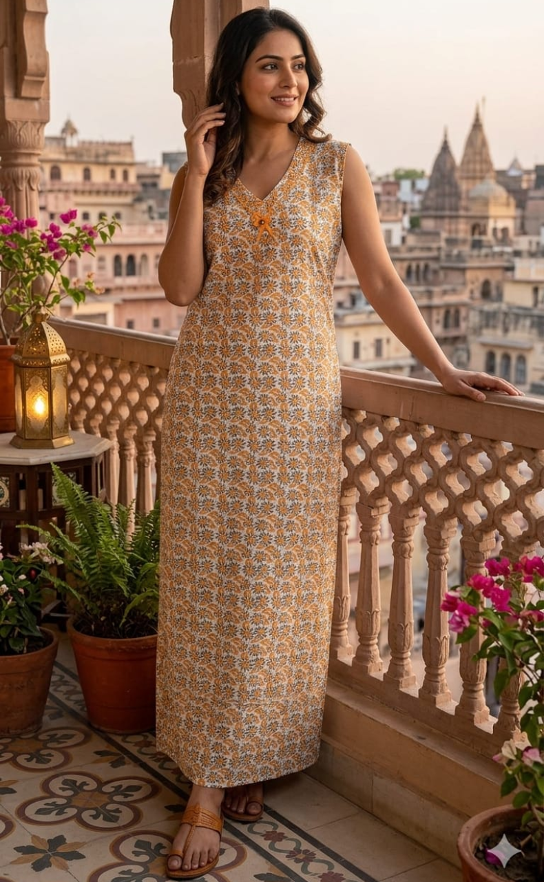 Yellow Garden Sleeveless Pure Cotton Nighty. Pure Durable Cotton | Laces and Frills - Laces and Frills