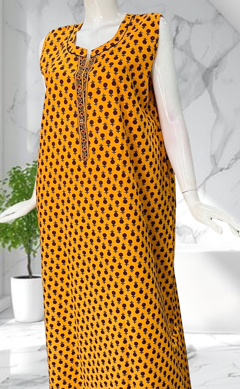 Yellow Tiny Flora Sleeveless Pure Cotton Nighty. Pure Durable Cotton | Laces and Frills - Laces and Frills