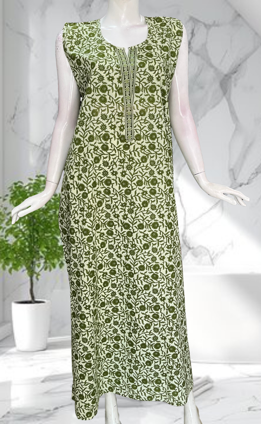 Green Garden Sleeveless Pure Cotton Nighty. Pure Durable Cotton | Laces and Frills - Laces and Frills