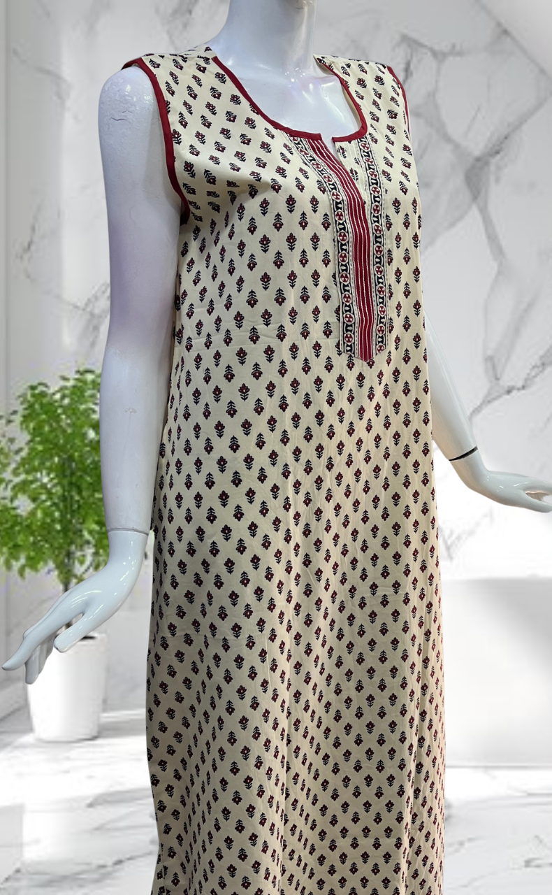 Off White Tiny Flora Sleeveless Pure Cotton Nighty. Pure Durable Cotton | Laces and Frills - Laces and Frills