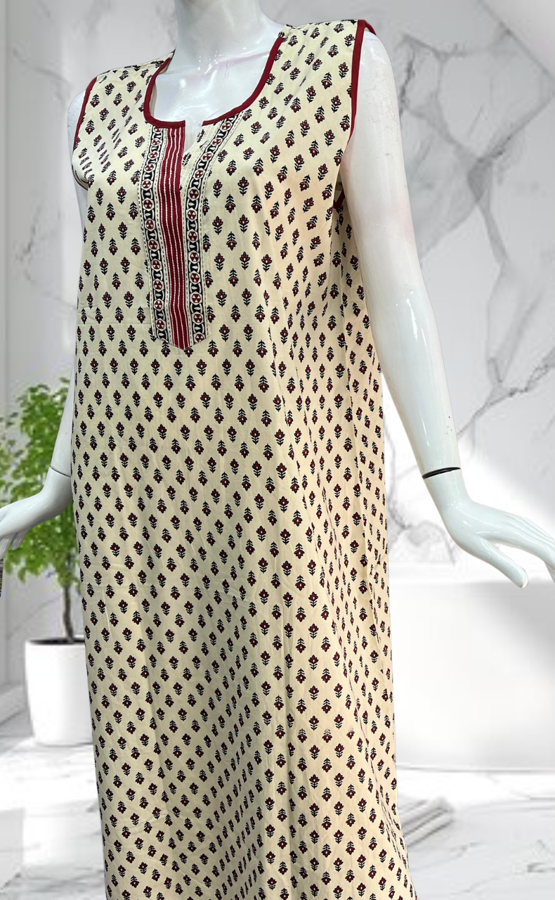 Off White Tiny Flora Sleeveless Pure Cotton Nighty. Pure Durable Cotton | Laces and Frills - Laces and Frills