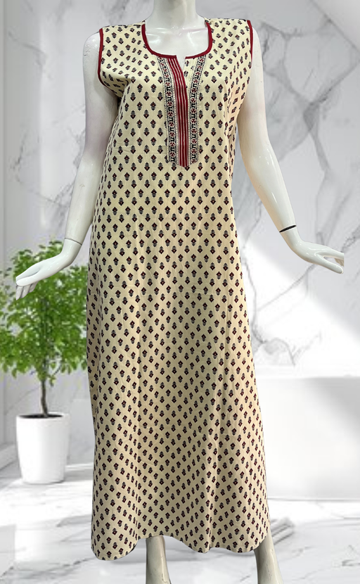 Off White Tiny Flora Sleeveless Pure Cotton Nighty. Pure Durable Cotton | Laces and Frills - Laces and Frills