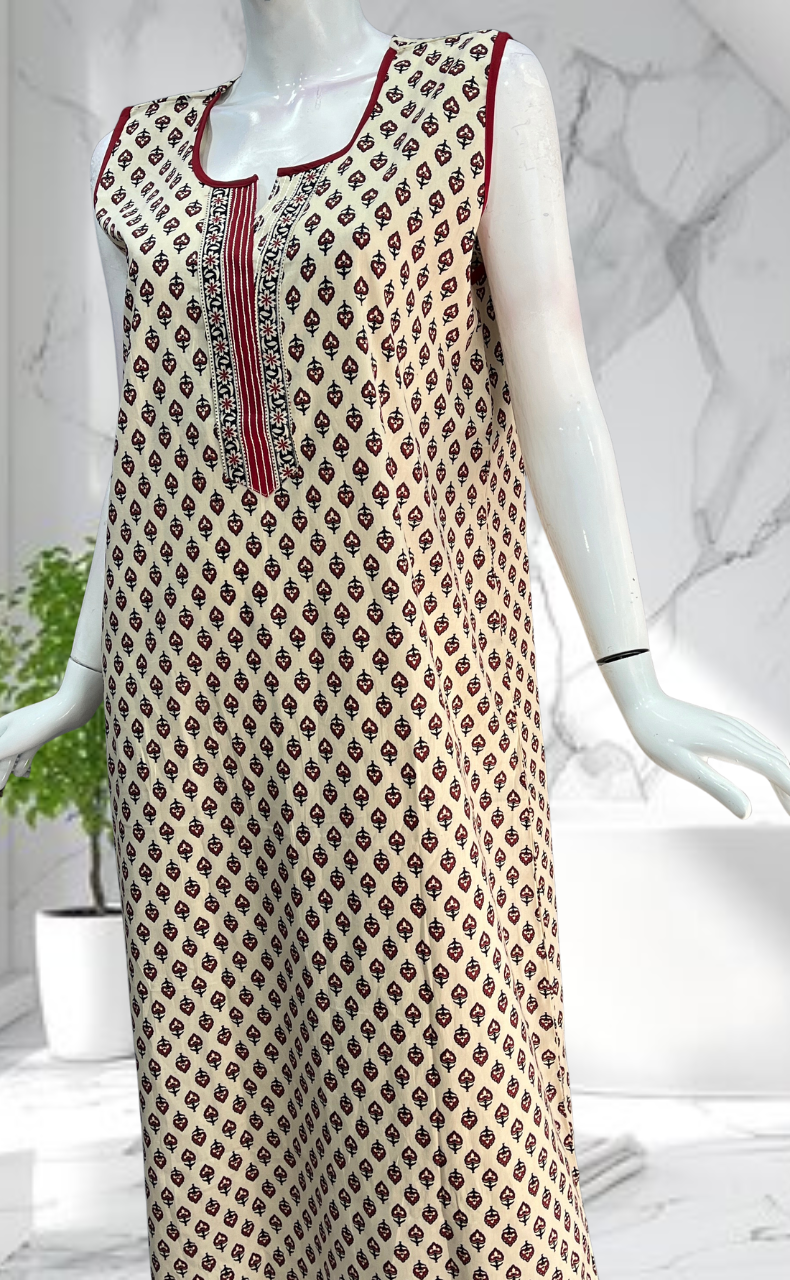 Off White Tiny Flora Sleeveless Pure Cotton Nighty. Pure Durable Cotton | Laces and Frills - Laces and Frills