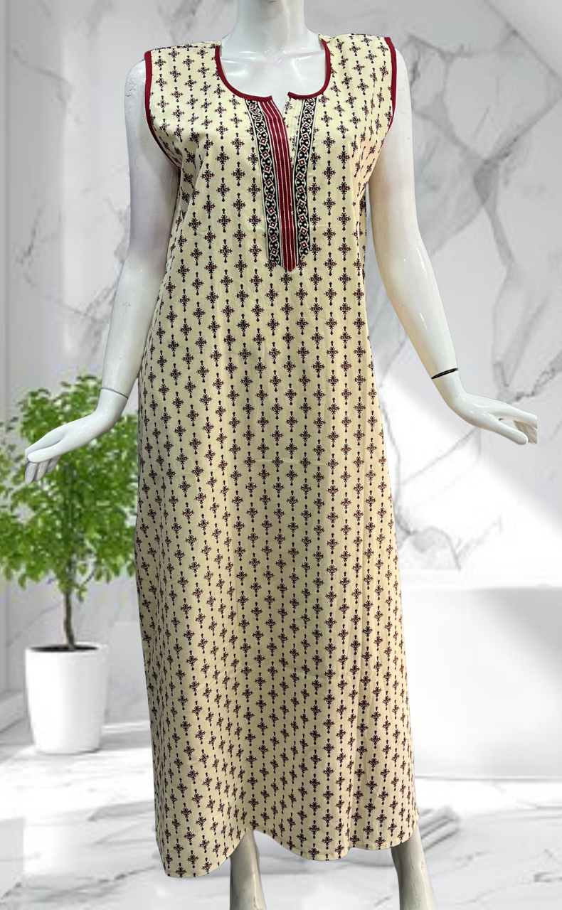 Off White Motifs Sleeveless Pure Cotton Nighty. Pure Durable Cotton | Laces and Frills - Laces and Frills
