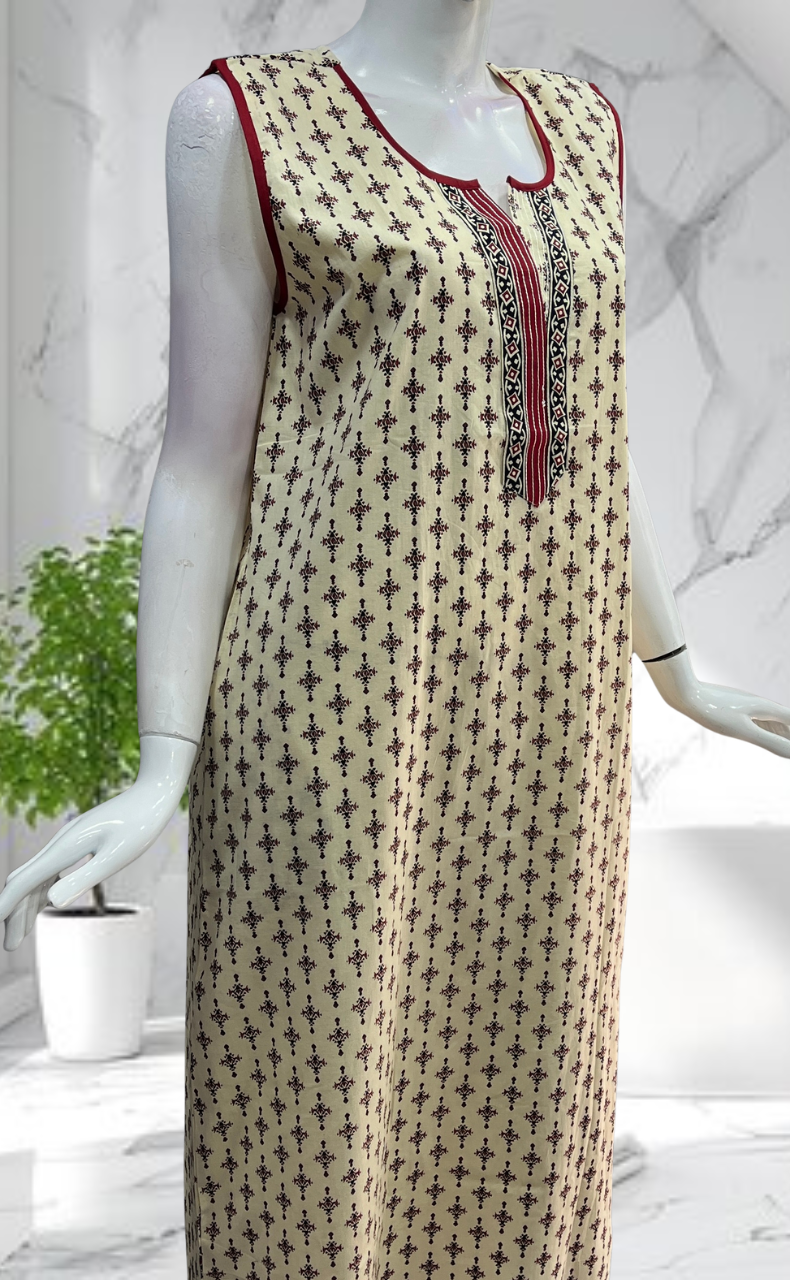 Off White Motifs Sleeveless Pure Cotton Nighty. Pure Durable Cotton | Laces and Frills - Laces and Frills