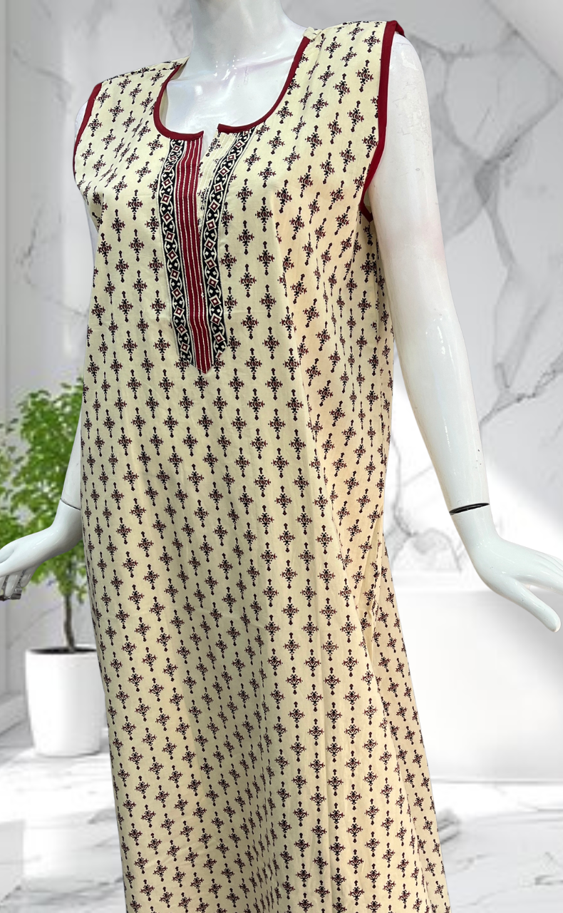 Off White Motifs Sleeveless Pure Cotton Nighty. Pure Durable Cotton | Laces and Frills - Laces and Frills